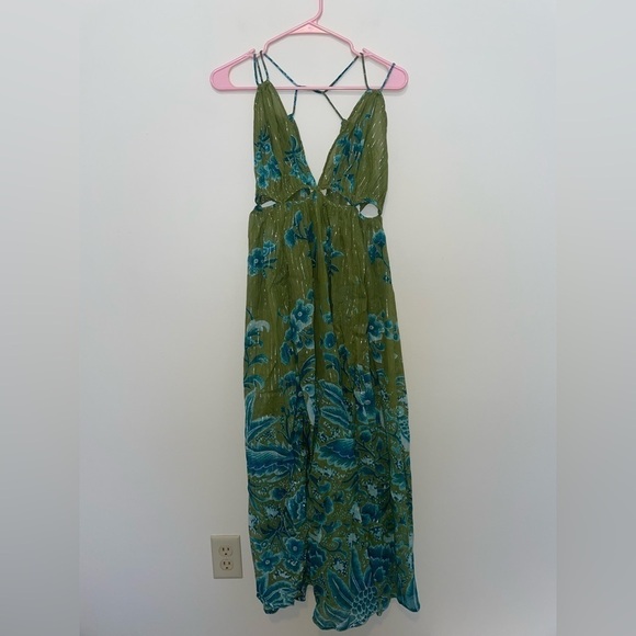 NWT Anthropologie Green Motif and Blue Metallic Cutout Maxi Dress Size XSP - Picture 5 of 10